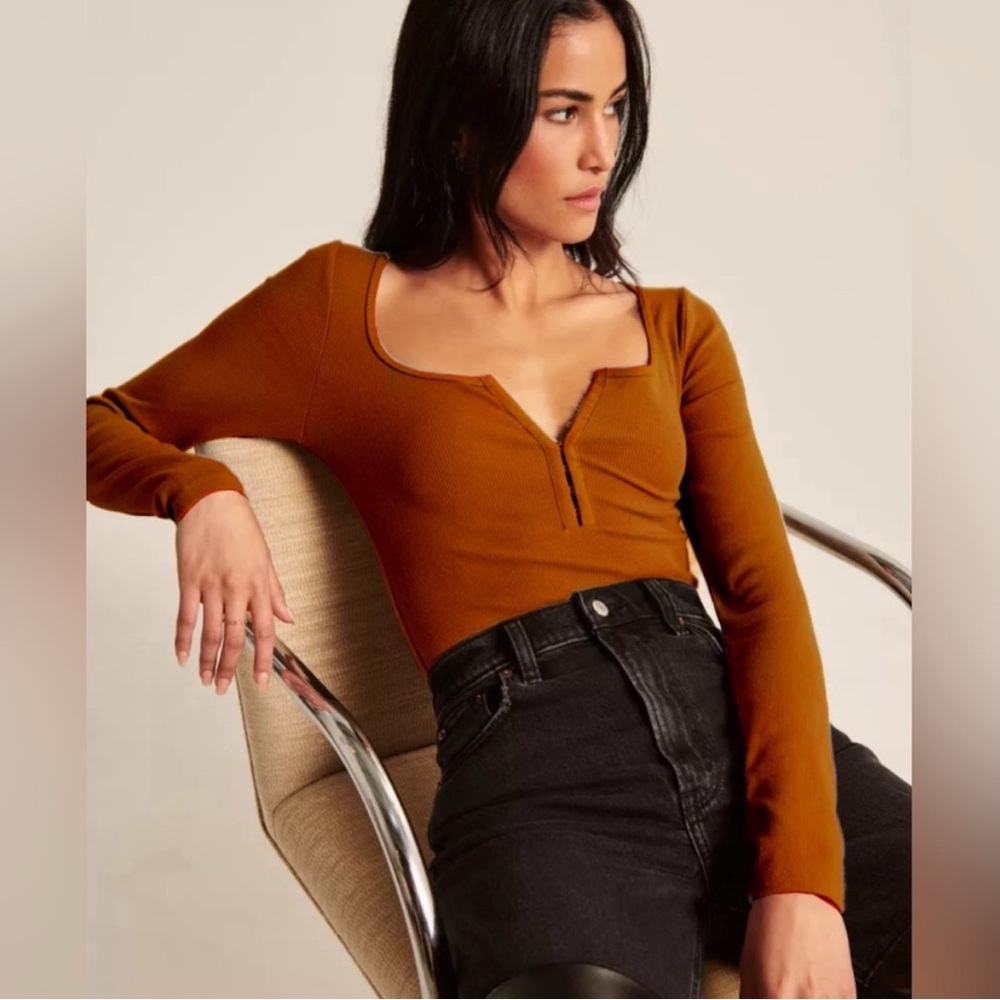 Abercrombie and Fitch Soft A&F Rib Knit Hook and Eye Henley Bodysuit